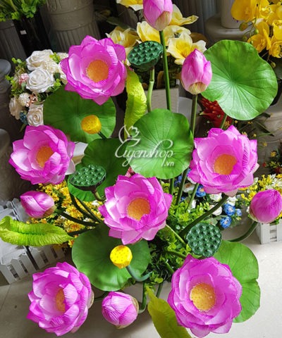 Hoa lụa, hoa giả Uyên shop, Bình hoa Sen đẹp